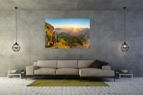 Auf der Ferrata zur Alspitze unterwegs bei Sonnenaufgang - Via Ferrata II - Größe ca. 180x120cm, Seitenverhältnis 3:2 - Bergsteiger Ferrata Alpspitze - weitere Infos unter https://www.kriner-weiermann.de
