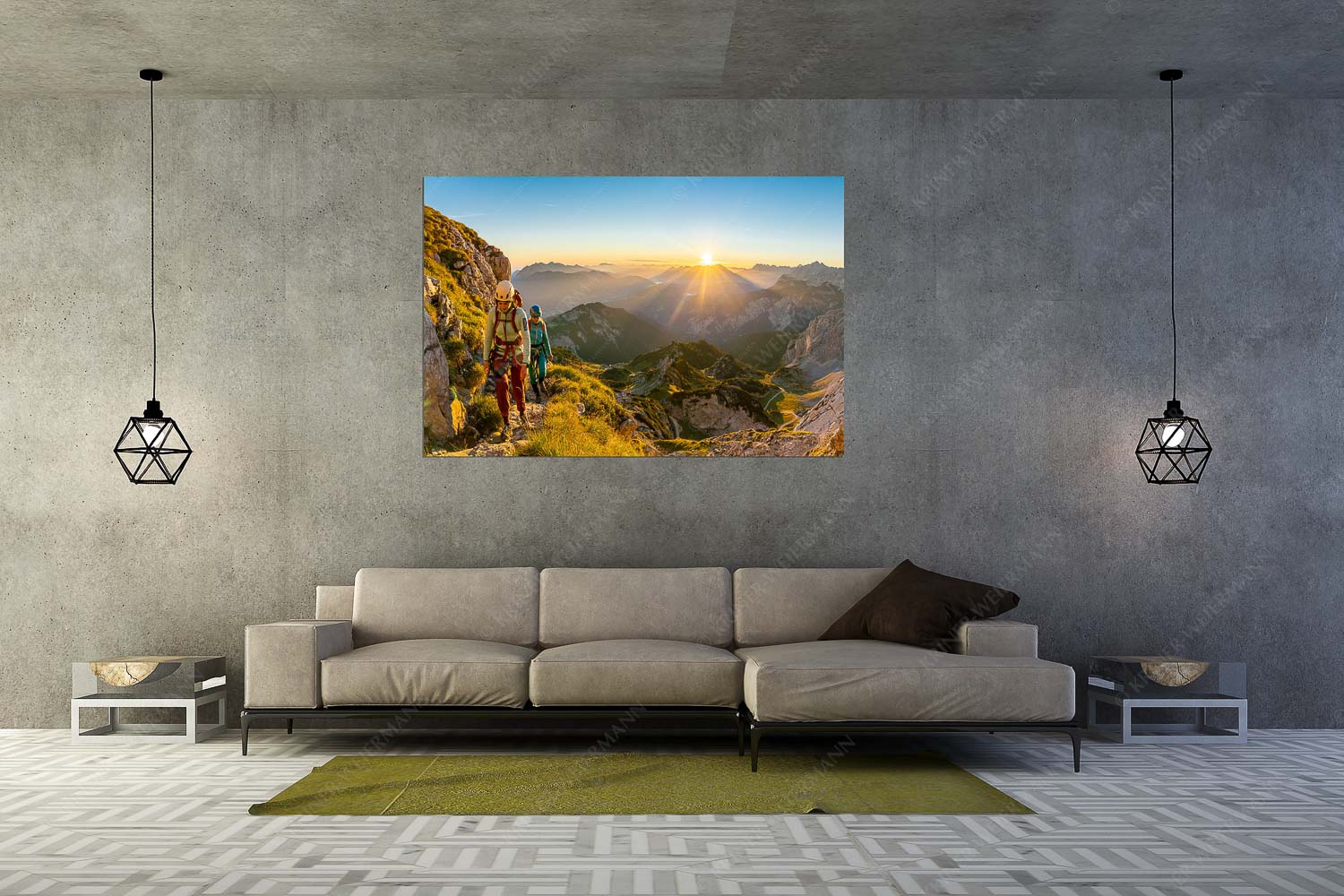 Auf der Ferrata zur Alspitze unterwegs bei Sonnenaufgang - Via Ferrata II - Größe ca. 180x120cm, Seitenverhältnis 3:2 - Bergsteiger Ferrata Alpspitze - weitere Infos unter https://www.kriner-weiermann.de