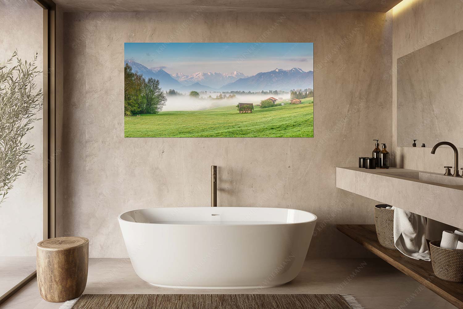 Eine sanfte Nebelstimmung verschleiert den Blick durch das Loisachtal zum Wettersteingebirge - Von draußen rein - Größe ca. 180x90cm, Seitenverhältnis 2:1 - Zugspitzblick von Murnau - weitere Infos unter https://www.kriner-weiermann.de