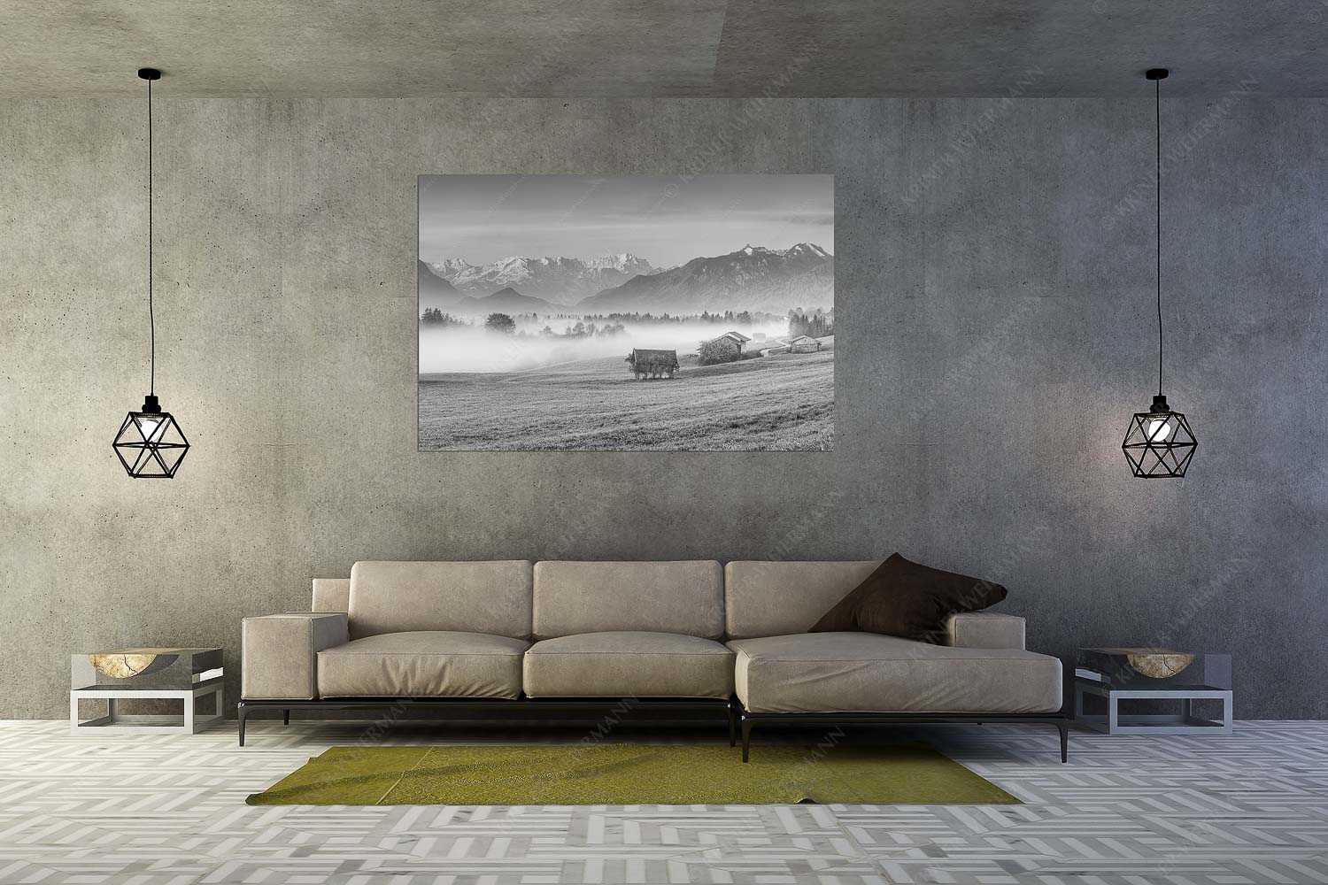 Von draußen rein – Größe ca. 180x120cm, Seitenverhältnis 3:2 — Zugspitzblick von Murnau Eine sanfte Nebelstimmung verschleiert den Blick durch das Loisachtal zum Wettersteingebirge - Von draußen rein - Größe ca. 180x120cm, Seitenverhältnis 3:2 - Zugspitzblick von Murnau - weitere Infos unter https://www.kriner-weiermann.de