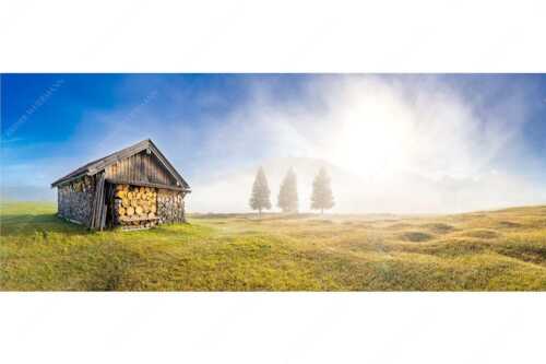Blick über Buckelwiese zum Sonnenaufgang am Karwendel mit Nebelstimmung - Vorhang auf - Seitenverhältnis 2,5:1 - Heustadel auf Buckelwiese - weitere Infos unter https://www.kriner-weiermann.de