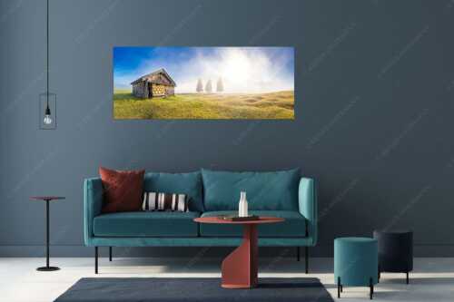 Blick über Buckelwiese zum Sonnenaufgang am Karwendel mit Nebelstimmung - Vorhang auf - Größe ca. 175x70cm, Seitenverhältnis 2,5:1 - Heustadel auf Buckelwiese - weitere Infos unter https://www.kriner-weiermann.de