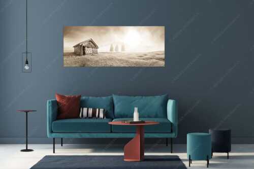 Blick über Buckelwiese zum Sonnenaufgang am Karwendel mit Nebelstimmung - Vorhang auf - Größe ca. 175x70cm, Seitenverhältnis 2,5:1 - Heustadel auf Buckelwiese - weitere Infos unter https://www.kriner-weiermann.de