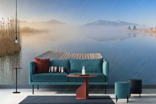 Morgenstimmung mit verschleiertem Blick auf Jochberg, Herzogstand und Heimgarten - Vorland - Größe ca. 400x200cm, Seitenverhältnis 2:1 - Eichsee mit Herzogstand - weitere Infos unter https://www.kriner-weiermann.de
