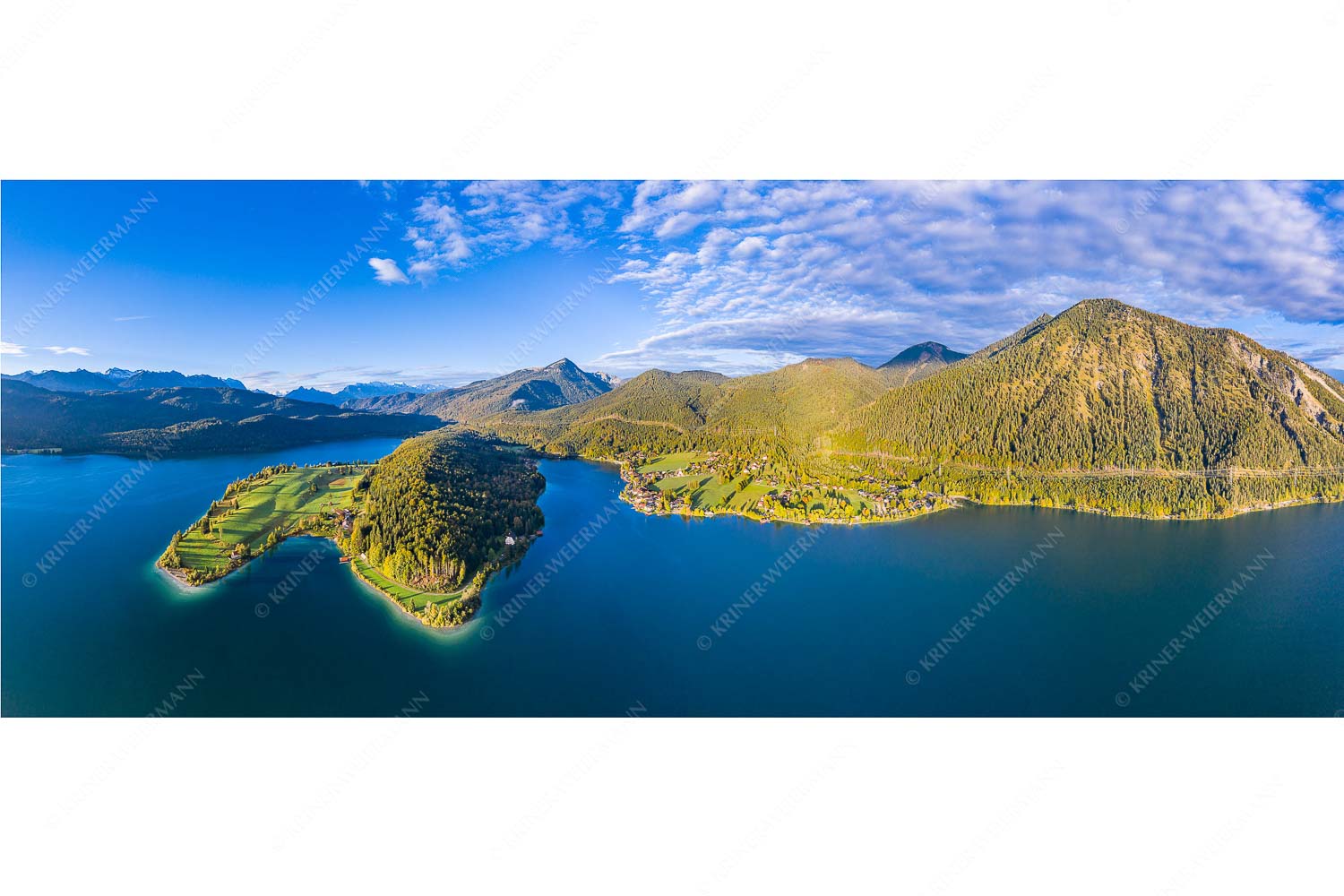 Zwergern Halbinsel mit Klösterl und Herzogstand am Walchensee