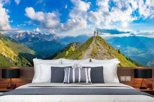 Blick über Seinskopf und Oberes Isartal in den Sonnenuntergang und ins Karwendel - Weg ins Glück - Größe ca. 350x140cm, Seitenverhältnis 2,5:1 - Bergsteiger am Seinskopf im Soierngebirge - weitere Infos unter https://www.kriner-weiermann.de