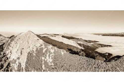 Blick über Krottenköpfe Simetsberg zur Benediktenwand und zum Sonnenuntergang an der Zugspitze - Weit übern Nebel - Seitenverhältnis 2:1 - Estergebirge Panorama mit Wetterstein - weitere Infos unter https://www.kriner-weiermann.de