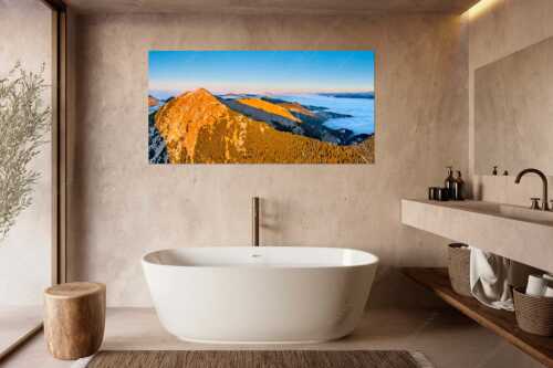 Blick über Krottenköpfe Simetsberg zur Benediktenwand und zum Sonnenuntergang an der Zugspitze - Weit übern Nebel - Größe ca. 180x90cm, Seitenverhältnis 2:1 - Estergebirge Panorama mit Wetterstein - weitere Infos unter https://www.kriner-weiermann.de