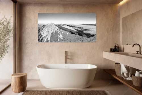 Blick über Krottenköpfe Simetsberg zur Benediktenwand und zum Sonnenuntergang an der Zugspitze - Weit übern Nebel - Größe ca. 180x90cm, Seitenverhältnis 2:1 - Estergebirge Panorama mit Wetterstein - weitere Infos unter https://www.kriner-weiermann.de