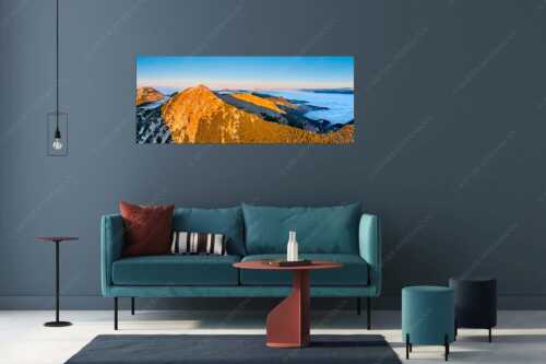 Blick über Krottenköpfe Simetsberg zur Benediktenwand und zum Sonnenuntergang an der Zugspitze - Weit übern Nebel - Größe ca. 175x70cm, Seitenverhältnis 2,5: - Estergebirge Panorama mit Wetterstein - weitere Infos unter https://www.kriner-weiermann.de