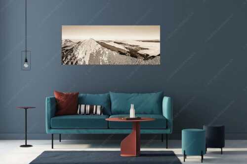 Blick über Krottenköpfe Simetsberg zur Benediktenwand und zum Sonnenuntergang an der Zugspitze - Weit übern Nebel - Größe ca. 175x70cm, Seitenverhältnis 2,5: - Estergebirge Panorama mit Wetterstein - weitere Infos unter https://www.kriner-weiermann.de