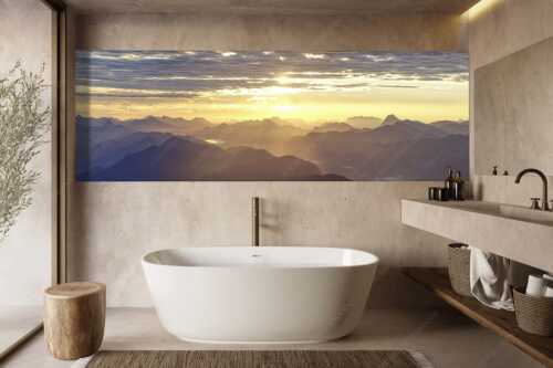 Sonnenaufgang über den Bayerische Voralpen und Karwendel von der Weilheimer Hütte - Weitblick - Größe ca. 300x100cm, Seitenverhältnis 3:1 - Traumstimmung über Isar - weitere Infos unter https://www.kriner-weiermann.de