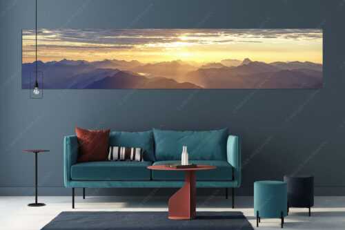 Sonnenaufgang über den Bayerische Voralpen und Karwendel von der Weilheimer Hütte - Weitblick - Größe ca. 350x70cm, Seitenverhältnis 5:1 - Traumstimmung über Isar - weitere Infos unter https://www.kriner-weiermann.de