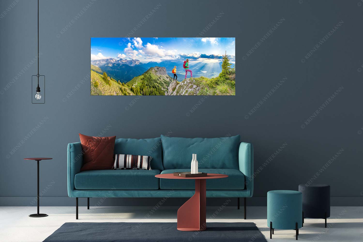 Blick vom Seinskopf über Krün in den Sonnenuntergang - Weitsichtig - Größe ca. 175x70cm, Seitenverhältnis 2,5:1 - Bergwanderer am Seinskopf im Soiern - weitere Infos unter https://www.kriner-weiermann.de