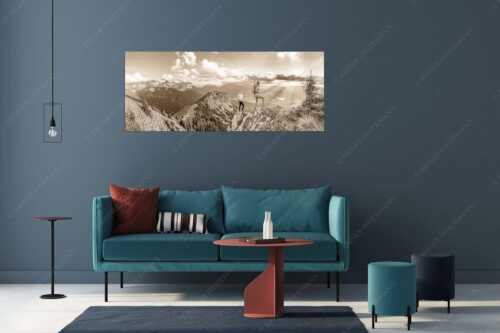 Blick vom Seinskopf über Krün in den Sonnenuntergang - Weitsichtig - Größe ca. 175x70cm, Seitenverhältnis 2,5:1 - Bergwanderer am Seinskopf im Soiern - weitere Infos unter https://www.kriner-weiermann.de