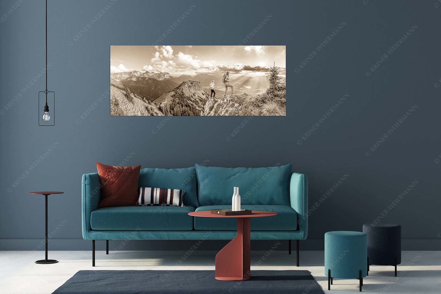 Blick vom Seinskopf über Krün in den Sonnenuntergang - Weitsichtig - Größe ca. 175x70cm, Seitenverhältnis 2,5:1 - Bergwanderer am Seinskopf im Soiern - weitere Infos unter https://www.kriner-weiermann.de