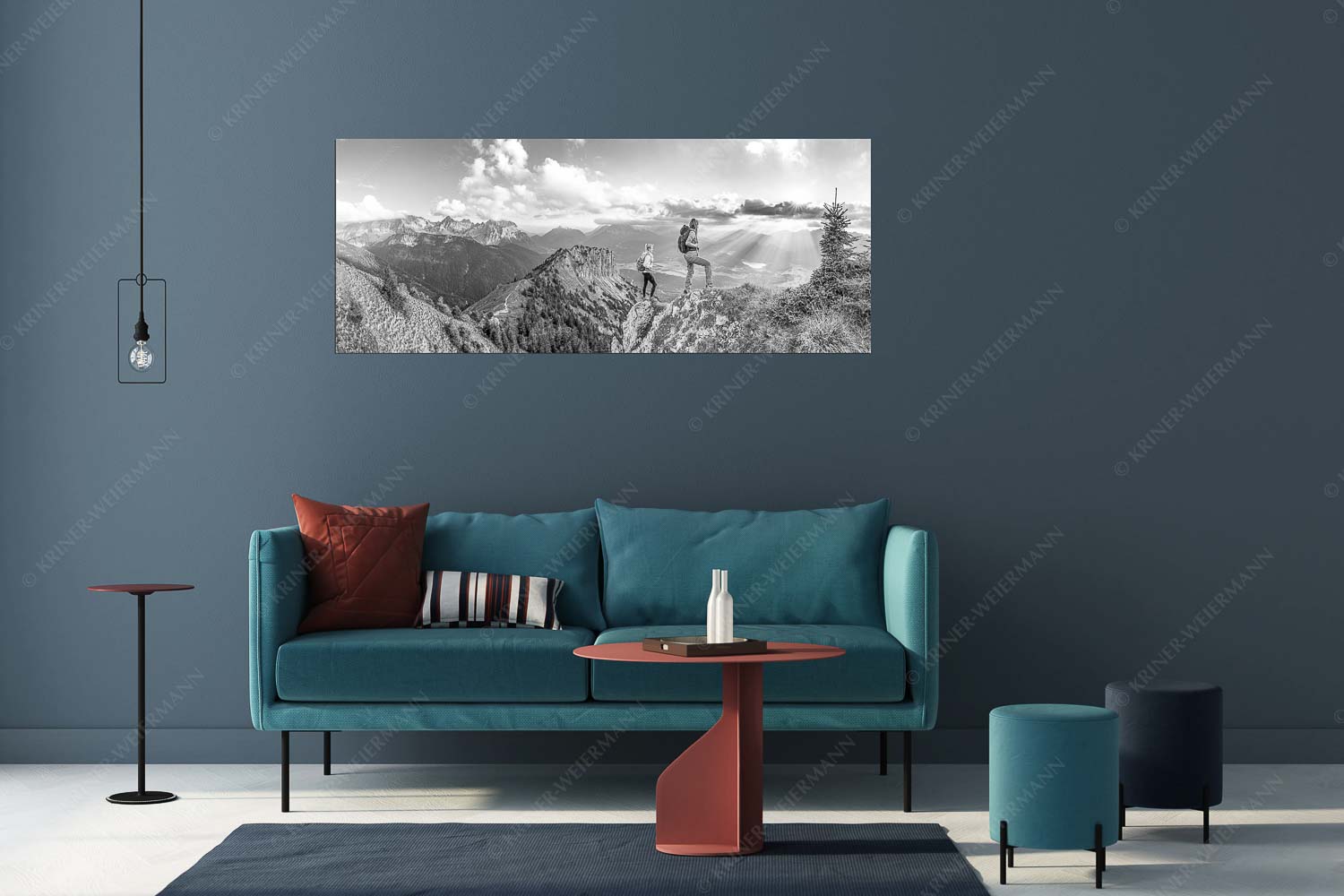 Blick vom Seinskopf über Krün in den Sonnenuntergang - Weitsichtig - Größe ca. 175x70cm, Seitenverhältnis 2,5:1 - Bergwanderer am Seinskopf im Soiern - weitere Infos unter https://www.kriner-weiermann.de