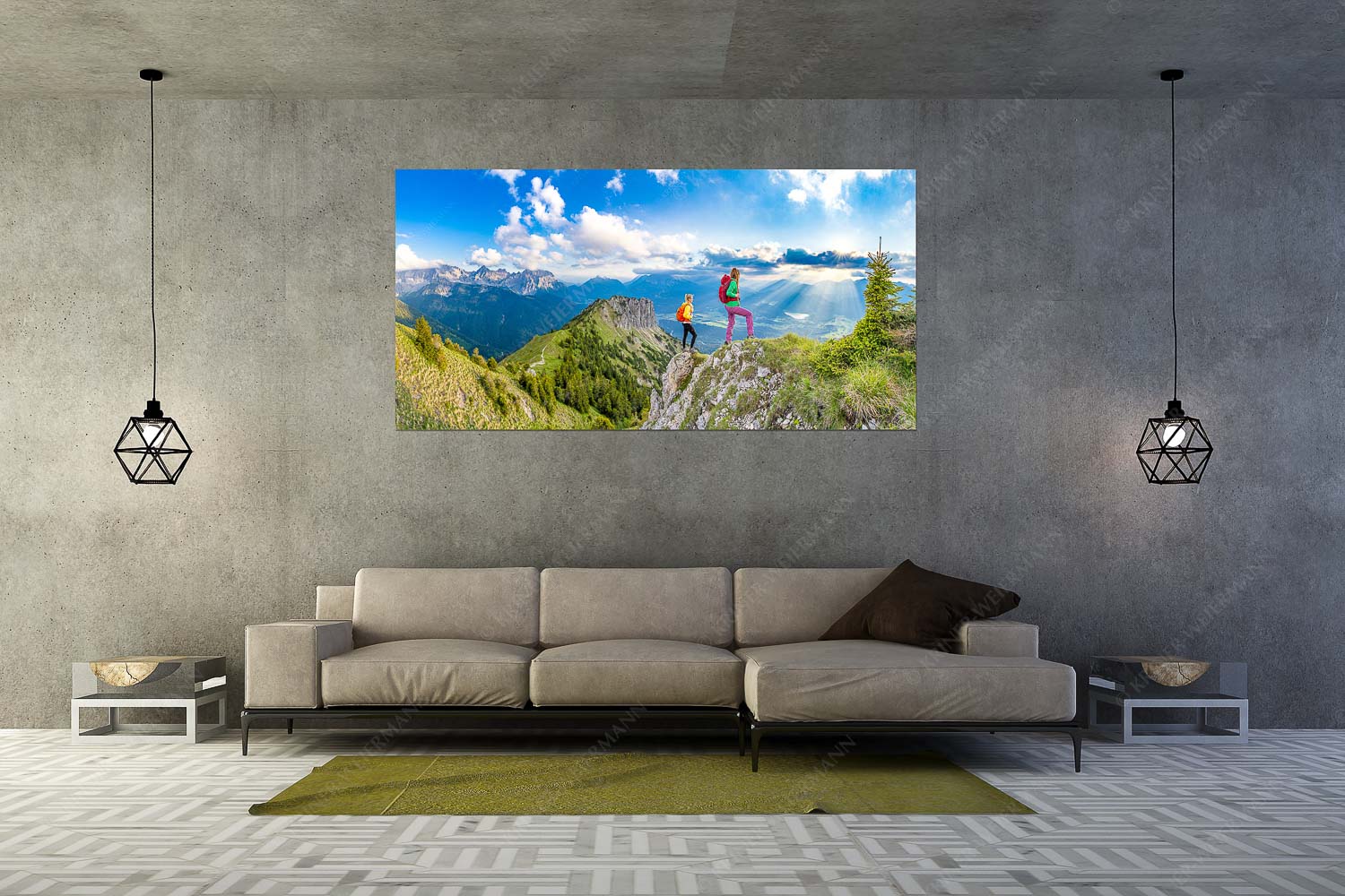 Weitsichtig – Größe ca. 200x100cm, Seitenverhältnis 2:1 — Bergwanderer am Seinskopf im Soiern Blick vom Seinskopf über Krün in den Sonnenuntergang - Weitsichtig - Größe ca. 200x100cm, Seitenverhältnis 2:1 - Bergwanderer am Seinskopf im Soiern - weitere Infos unter https://www.kriner-weiermann.de