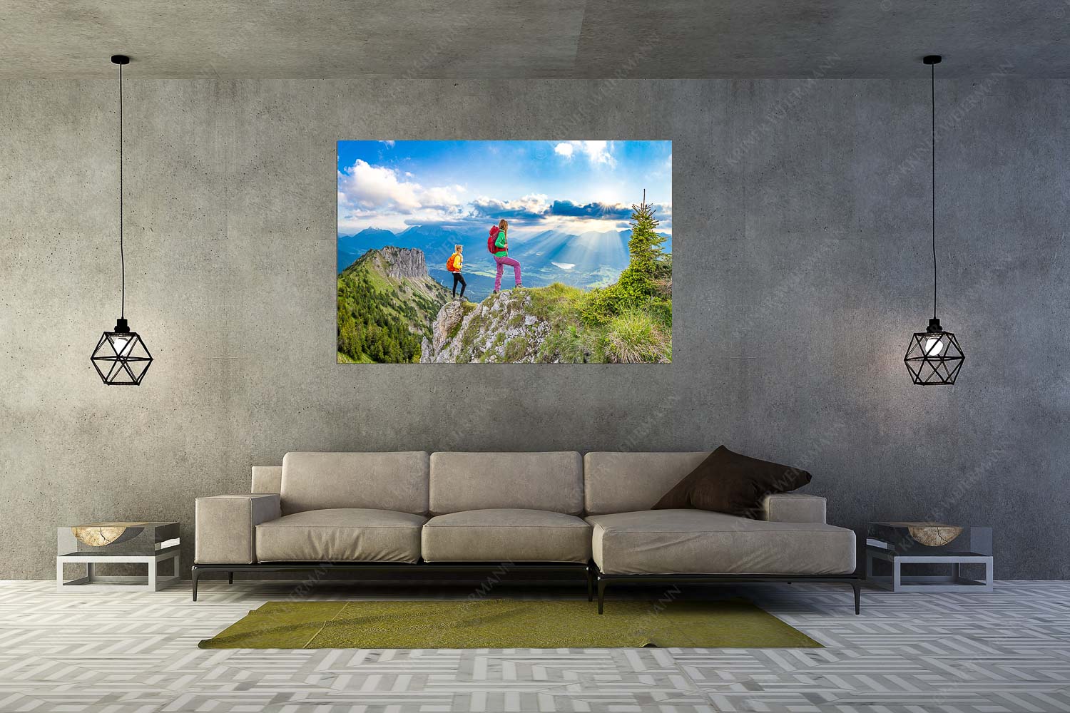 Weitsichtig – Größe ca. 180x120cm, Seitenverhältnis 3:2 — Bergwanderer am Seinskopf im Soiern Blick vom Seinskopf über Krün in den Sonnenuntergang - Weitsichtig - Größe ca. 180x120cm, Seitenverhältnis 3:2 - Bergwanderer am Seinskopf im Soiern - weitere Infos unter https://www.kriner-weiermann.de