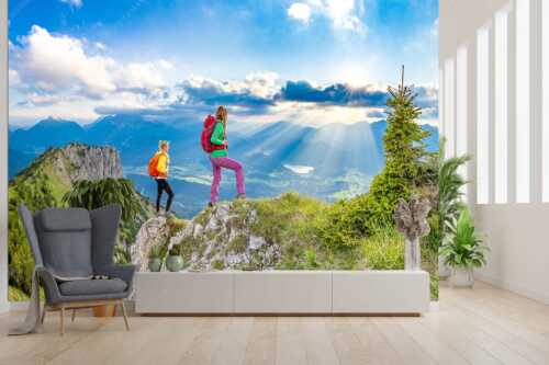 Blick vom Seinskopf über Krün in den Sonnenuntergang - Weitsichtig - Größe ca. 300x200cm, Seitenverhältnis 3:2 - Bergwanderer am Seinskopf im Soiern - weitere Infos unter https://www.kriner-weiermann.de