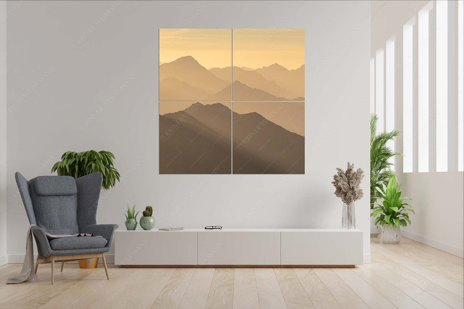 Welt der Sihouetten – 4er Split, Größe ca. 180x180cm, Seitenverhältnis 1:1 — Gipfel und Bergketten Weit schweift der Blick über das Ammergebirge bis hin zu den Allgäuer Alpen - Welt der Sihouetten - 4er Split, Größe ca. 180x180cm, Seitenverhältnis 1:1 - Gipfel und Bergketten - weitere Infos unter https://www.kriner-weiermann.de