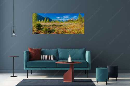 Wollgras zwischen Oberau und Farchant mit Blick auf Zufspitzmassiv - Werdenfelsblick - Größe ca. 175x70cm, Seitenverhältnis 2,5:1 - Loisachtal mit Alpspitze - weitere Infos unter https://www.kriner-weiermann.de