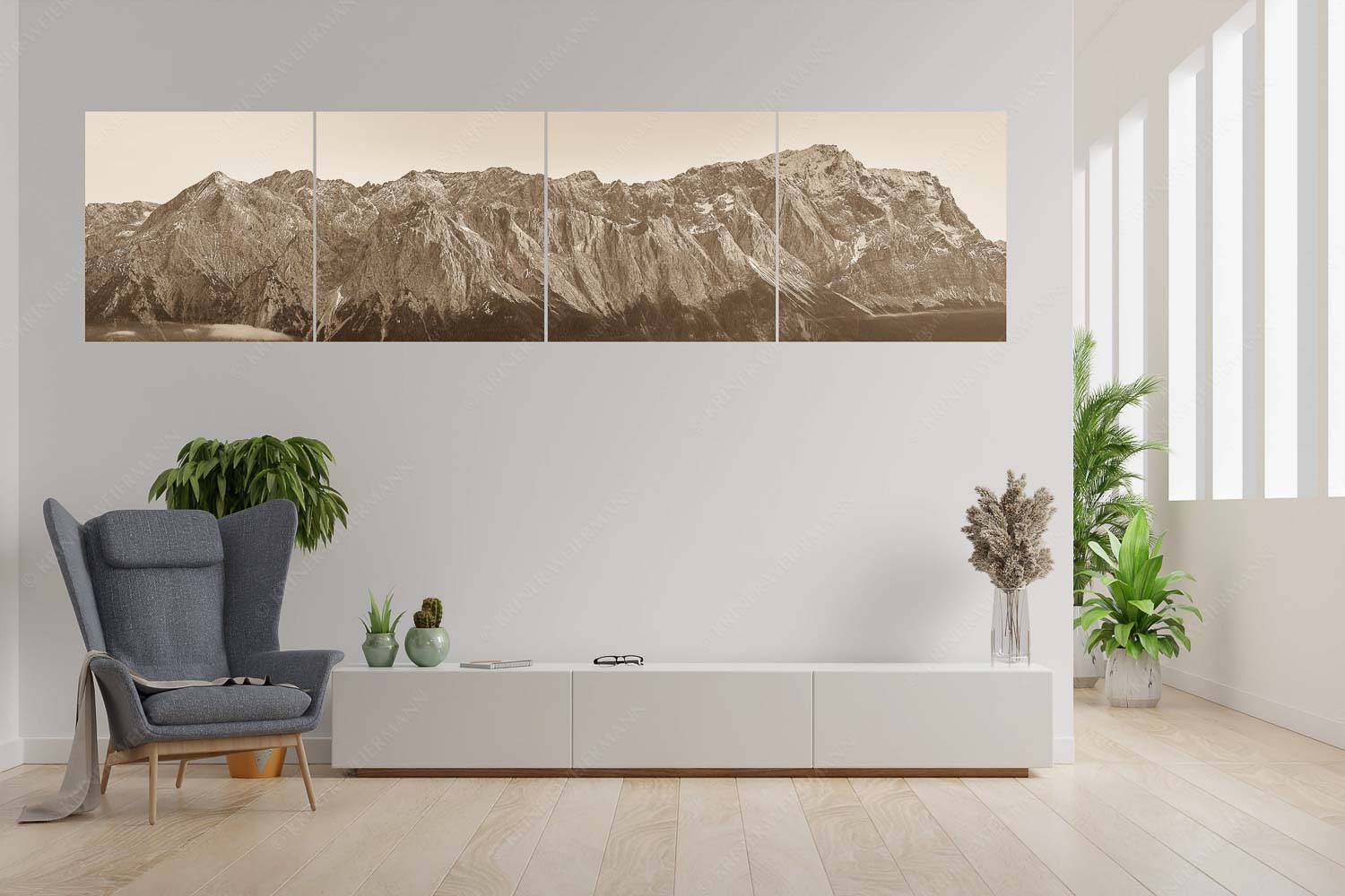 Wetterstein Nord-West – 4er Split, Größe ca. 280x70cm, Seitenverhältnis 4:1 — Alpspitze Jubiläumsgrat Zugspitze Blick auf Alpspitz, Waxenstein, Jubiläumsgrat und Zugspitze - Wetterstein Nord-West - 4er Split, Größe ca. 280x70cm, Seitenverhältnis 4:1 - Alpspitze Jubiläumsgrat Zugspitze - weitere Infos unter https://www.kriner-weiermann.de