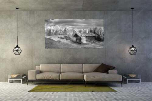Traditioneller Stadel mit Blick zum Karwendel - Wiesmahtstadel - Größe ca. 200x100cm, Seitenverhältnis 2:1 - Buckelwiese mit Karwendel - weitere Infos unter https://www.kriner-weiermann.de