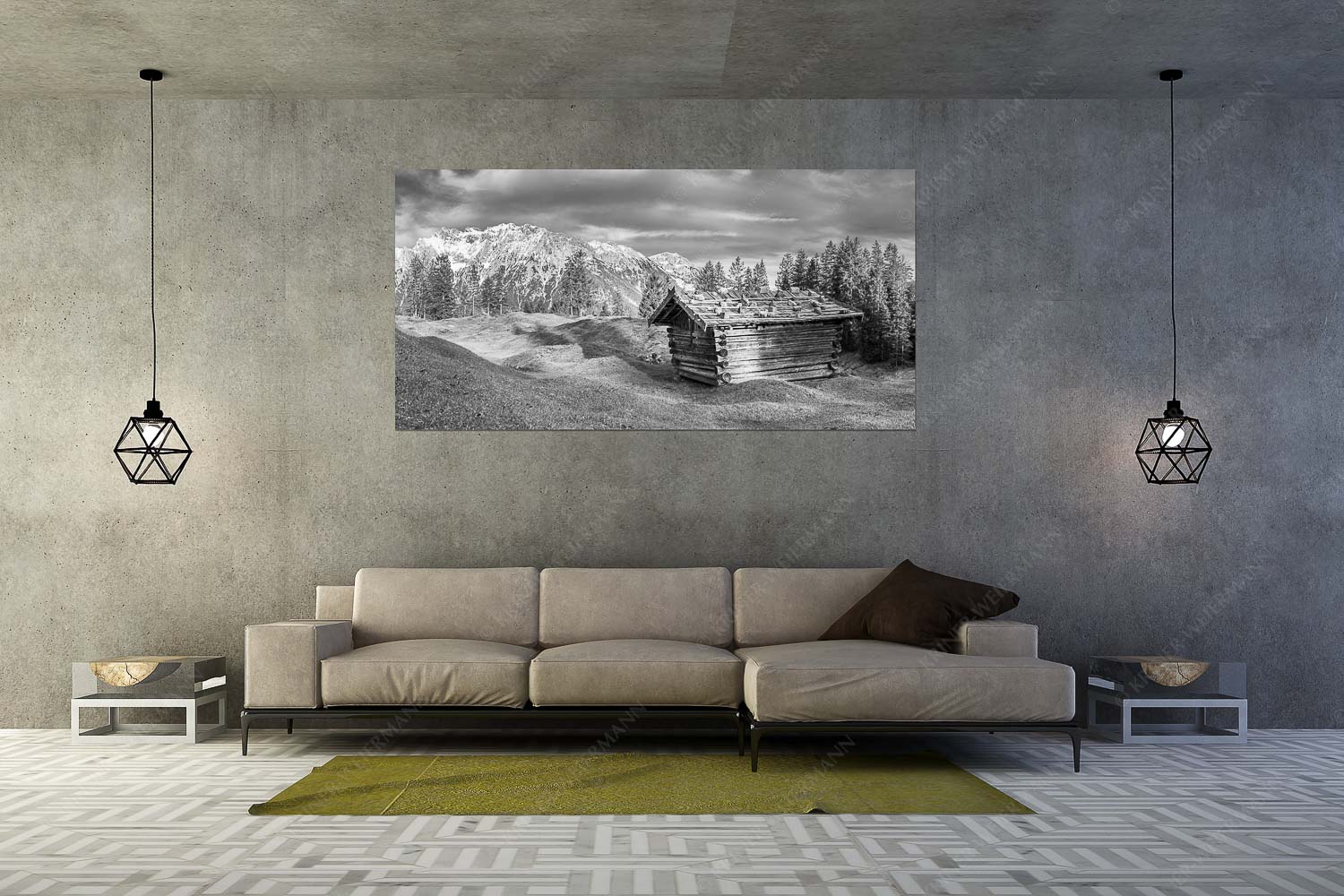 Traditioneller Stadel mit Blick zum Karwendel - Wiesmahtstadel - Größe ca. 200x100cm, Seitenverhältnis 2:1 - Buckelwiese mit Karwendel - weitere Infos unter https://www.kriner-weiermann.de