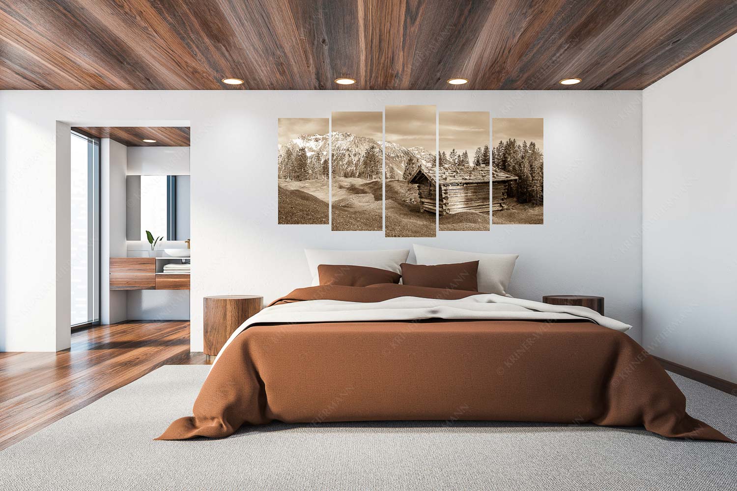Traditioneller Stadel mit Blick zum Karwendel - Wiesmahtstadel - 5er Split, Größe ca. 200x100cm, Seitenverhältnis 2:1 - Buckelwiese mit Karwendel - weitere Infos unter https://www.kriner-weiermann.de