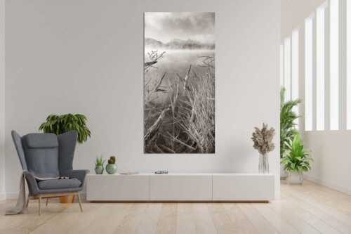 Blick über Barmsee zum Karwendelgebirge - Wildes Ufer - Größe ca. 90x180cm, Seitenverhältnis 1:2 - Nebel am Barmsee mit Karwendel - weitere Infos unter https://www.kriner-weiermann.de