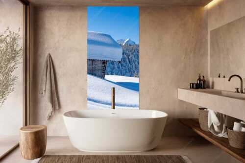 Wiesmahdstadel mit Stanker und viel Schnee mit Alpspitze, Zugspitze und Waxenstein im Hintergrund - Winter satt - Größe ca. 100x200cm, Seitenverhältnis 1:2 - viel Schnee Stadel mit Zugspitze - weitere Infos unter https://www.kriner-weiermann.de