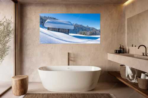 Wiesmahdstadel mit Stanker und viel Schnee mit Alpspitze, Zugspitze und Waxenstein im Hintergrund - Winter satt - Größe ca. 180x90cm, Seitenverhältnis 2:1 - viel Schnee Stadel mit Zugspitze - weitere Infos unter https://www.kriner-weiermann.de