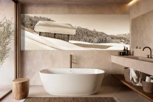 Wiesmahdstadel mit Stanker und viel Schnee mit Alpspitze, Zugspitze und Waxenstein im Hintergrund - Winter satt - Größe ca. 300x100cm, Seitenverhältnis 3:1 - viel Schnee Stadel mit Zugspitze - weitere Infos unter https://www.kriner-weiermann.de
