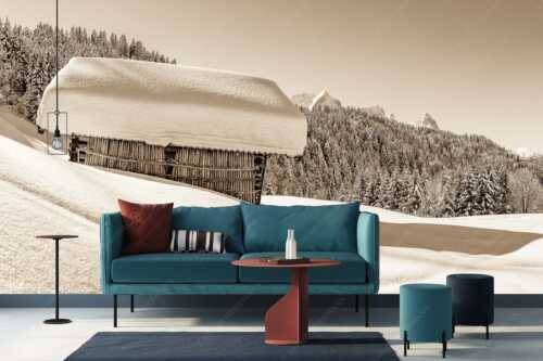 Wiesmahdstadel mit Stanker und viel Schnee mit Alpspitze, Zugspitze und Waxenstein im Hintergrund - Winter satt - Größe ca. 400x200cm, Seitenverhältnis 2:1 - viel Schnee Stadel mit Zugspitze - weitere Infos unter https://www.kriner-weiermann.de