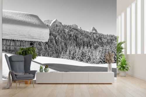Wiesmahdstadel mit Stanker und viel Schnee mit Alpspitze, Zugspitze und Waxenstein im Hintergrund - Winter satt - Größe ca. 300x200cm, Seitenverhältnis 3:2 - viel Schnee Stadel mit Zugspitze - weitere Infos unter https://www.kriner-weiermann.de
