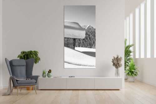 Wiesmahdstadel mit Stanker und viel Schnee mit Alpspitze, Zugspitze und Waxenstein im Hintergrund - Winter satt - Größe ca. 90x180cm, Seitenverhältnis 1:2 - viel Schnee Stadel mit Zugspitze - weitere Infos unter https://www.kriner-weiermann.de