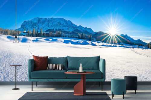 Blick über Schloss Elmau ins Wetterstein zum Sonnenuntergang - Winter ums Schloss - Größe ca. 400x200cm, Seitenverhältnis 2: - Elmau mit Wetterstein - weitere Infos unter https://www.kriner-weiermann.de