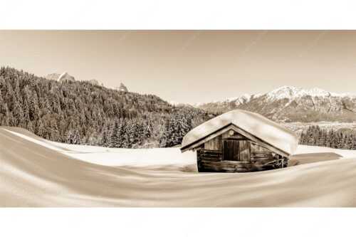 Blick über Heustadel zum Zugspitzmassiv und Garmisch-Partenkirchen - Winterwiesmahd Wamberg - Seitenverhältnis 2:1 - Stadel mit Alpspitze im Winter - weitere Infos unter https://www.kriner-weiermann.de