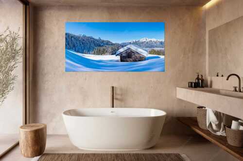 Blick über Heustadel zum Zugspitzmassiv und Garmisch-Partenkirchen - Winterwiesmahd Wamberg - Größe ca. 180x90cm, Seitenverhältnis 2:1 - Stadel mit Alpspitze im Winter - weitere Infos unter https://www.kriner-weiermann.de