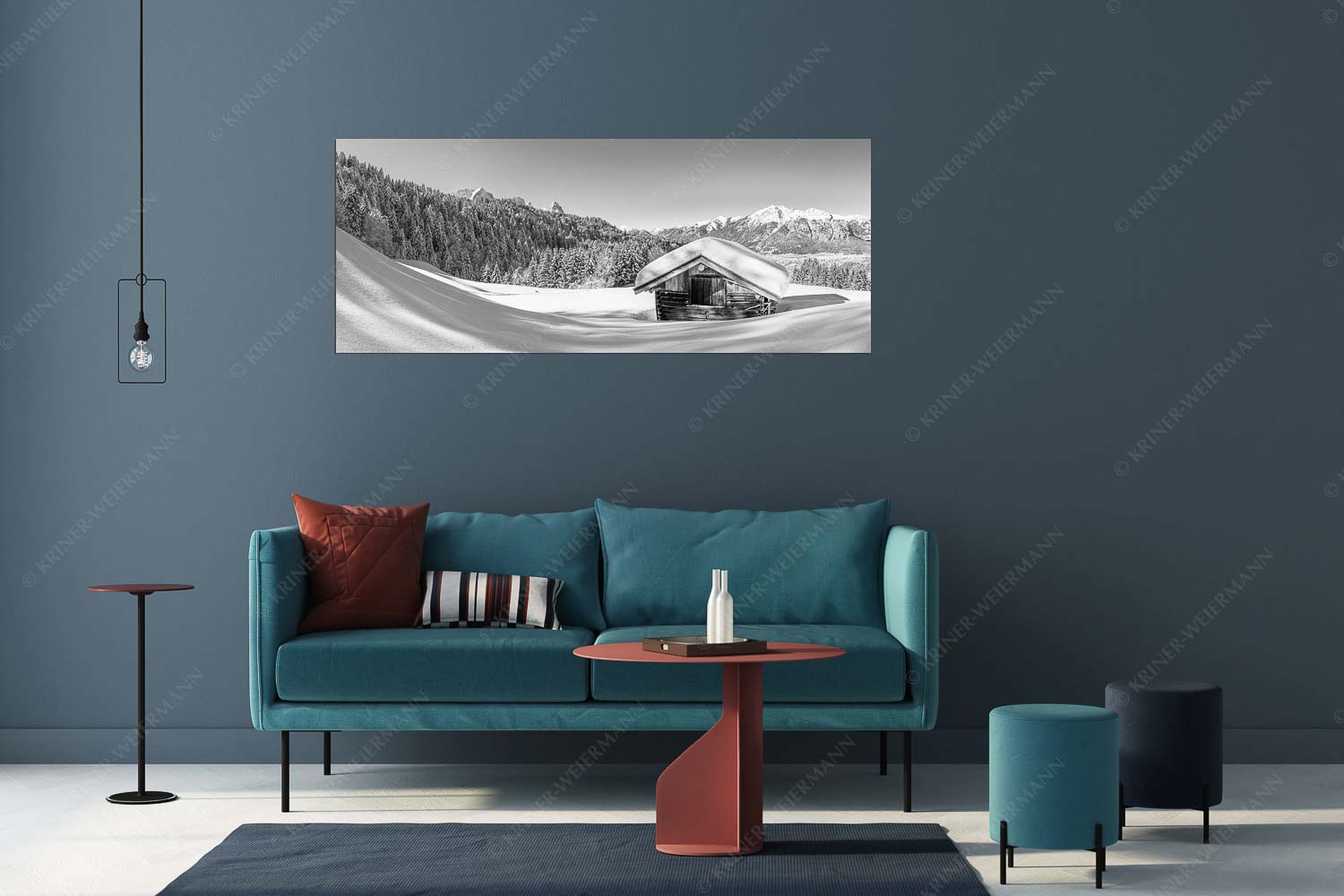 Winterwiesmahd Wamberg – Größe ca. 175x70cm, Seitenverhältnis 2,5:1 — Stadel mit Alpspitze im Winter Blick über Heustadel zum Zugspitzmassiv und Garmisch-Partenkirchen - Winterwiesmahd Wamberg - Größe ca. 175x70cm, Seitenverhältnis 2,5:1 - Stadel mit Alpspitze im Winter - weitere Infos unter https://www.kriner-weiermann.de