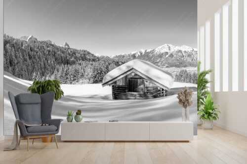 Blick über Heustadel zum Zugspitzmassiv und Garmisch-Partenkirchen - Winterwiesmahd Wamberg - Größe ca. 300x200cm, Seitenverhältnis 3:2 - Stadel mit Alpspitze im Winter - weitere Infos unter https://www.kriner-weiermann.de