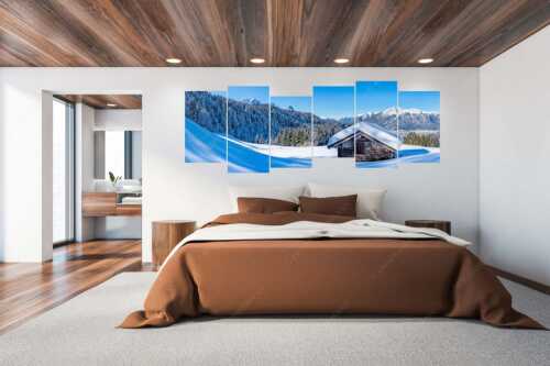 Blick über Heustadel zum Zugspitzmassiv und Garmisch-Partenkirchen - Winterwiesmahd Wamberg - 6er Split, Größe ca. 280x112cm, Seitenverhältnis 2,5:1 - Stadel mit Alpspitze im Winter - weitere Infos unter https://www.kriner-weiermann.de