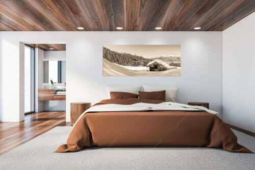 Blick über Heustadel zum Zugspitzmassiv und Garmisch-Partenkirchen - Winterwiesmahd Wamberg - Größe ca. 200x80cm, Seitenverhältnis 2,5:1 - Stadel mit Alpspitze im Winter - weitere Infos unter https://www.kriner-weiermann.de