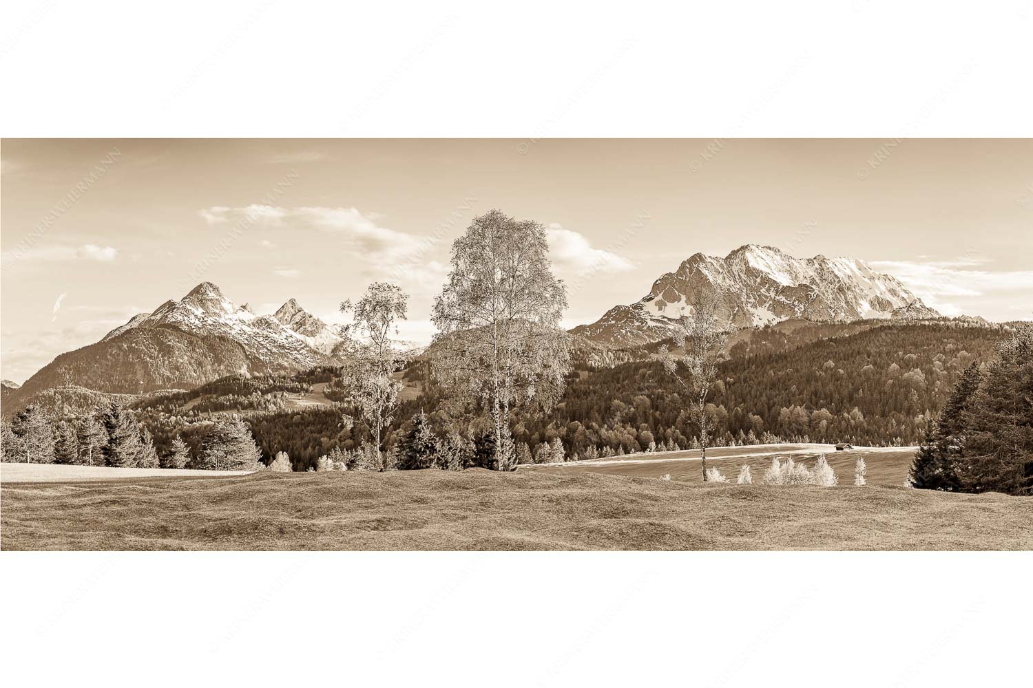 Wohlklang – Seitenverhältnis 2,5:1 — Arnspitzen und Wettersteinspitze Buckelwiesen bei Mittenwald mit Blick zum Wetterstein und den Arnspitzen