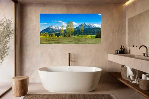 Buckelwiesen bei Mittenwald mit Blick zum Wetterstein und den Arnspitzen - Wohlklang - Größe ca. 180x90cm, Seitenverhältnis 2:1 - Arnspitzen und Wettersteinspitze - weitere Infos unter https://www.kriner-weiermann.de