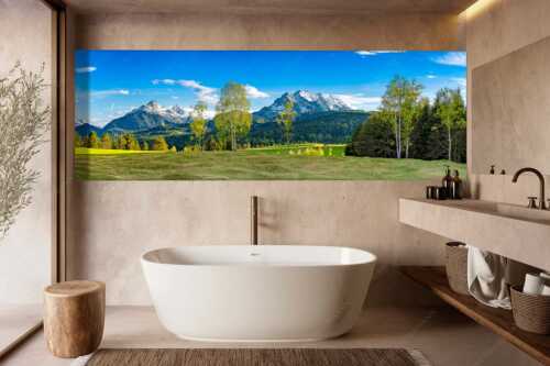 Buckelwiesen bei Mittenwald mit Blick zum Wetterstein und den Arnspitzen - Wohlklang - Größe ca. 300x100cm, Seitenverhältnis 3:1 - Arnspitzen und Wettersteinspitze - weitere Infos unter https://www.kriner-weiermann.de