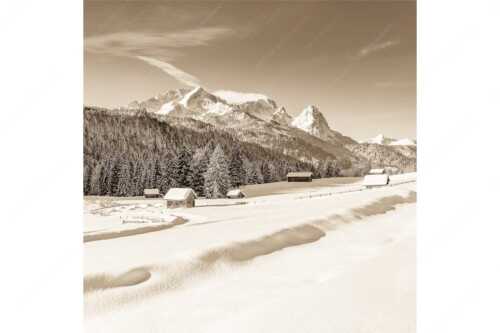 Romantische Winterlandschaft mit Heustadel, viel Schnee und Blick zum Zugspitzmassiv - Zeitlos - Seitenverhältnis 1:1 - Werdenfelser Winterlandschaft mit Zugspitze - weitere Infos unter https://www.kriner-weiermann.de
