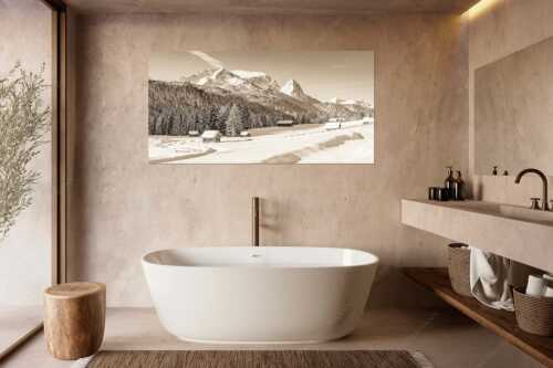 Romantische Winterlandschaft mit Heustadel, viel Schnee und Blick zum Zugspitzmassiv - Zeitlos - Größe ca. 180x90cm, Seitenverhältnis 2:1 - Werdenfelser Winterlandschaft mit Zugspitze - weitere Infos unter https://www.kriner-weiermann.de