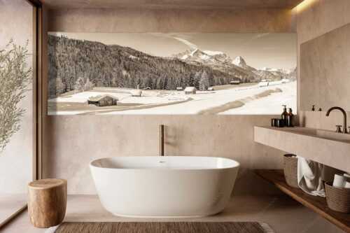 Romantische Winterlandschaft mit Heustadel, viel Schnee und Blick zum Zugspitzmassiv - Zeitlos - Größe ca. 300x100cm, Seitenverhältnis 3:1 - Werdenfelser Winterlandschaft mit Zugspitze - weitere Infos unter https://www.kriner-weiermann.de